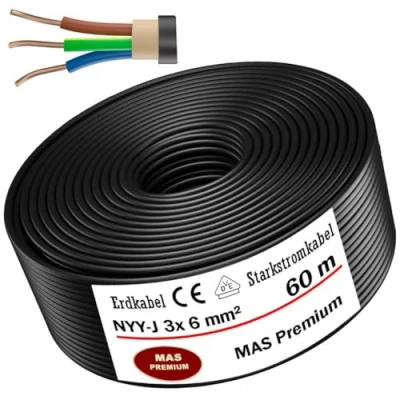 Imagen de cable subterráneo MAS Premium® Anillo de eléctrico marca alemana para instalación en el y al aire libre (NYY J 3 x 6 mm², 60 m)