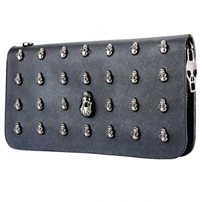 Imagen de Enjoydeal Cartera monedero de piel sintética, para mujer, estilo gótico, diseño alargado con calaveras metálicas y cremallera, plateada