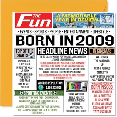 Imagen de Stuff4 tarjetas de cumpleaños número 15 para niños y niñas Born In 2009 Newspaper Tarjeta feliz 17 hijo, hija, primo, vintage, retro, Back 2009, 145 mm x mm,