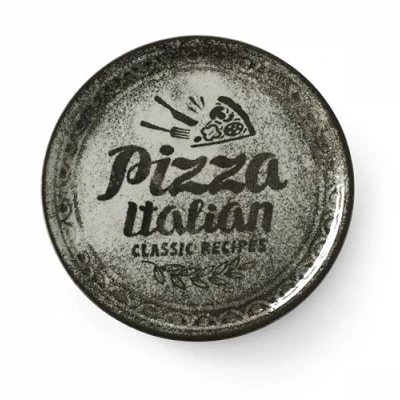 Imagen de HENDI plato de pizza redondo, para servir pizza, porcelana, motivo: texto e ilustración apto el microondas y lavavajillas, ⌀310 mm, negro