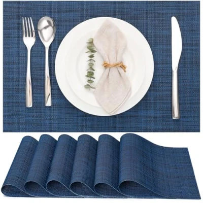 Imagen de Myir JUN Salvamanteles Individuales Juego de 6, Lavables Manteles Plásticos Vinil Esteras, Resistentes al Calor Antideslizante Fácil Limpiar y Impermeable 30x45cm (Azul Oscuro)
