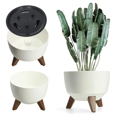 Imagen de KADAX Maceta Decorativa de Plástico con Soporte Integrado, Macetero Tres Patas Imitación Madera para Interior y Exterior (Blanco, 33 cm)