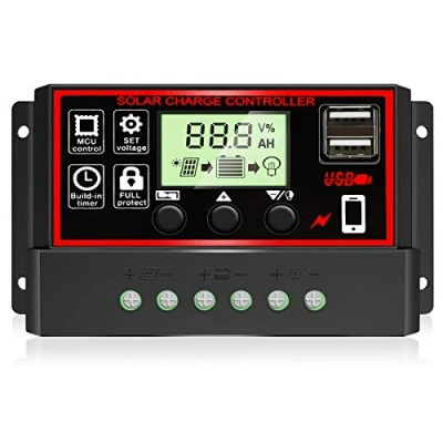 Imagen de Depvko Controlador de carga solar 30A, regulador inteligente batería panel negro con doble puerto USB 12V/24V PWM solar, parámetro automático, pantalla LCD ajustable