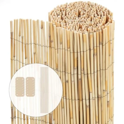 Imagen de VOUNOT Pantalla de Valla Caña Natural Reforzada, Privacidad Rollos Vallas Decorativas con Herrajes Montaje, Estera Protección Visual Al Aire Libre para Patio Balcón Jardín, 90x600 cm