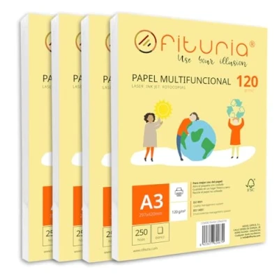 Imagen de Paquete de folios A3 120gr con 1000 Hojas Blancas, Papel Multifuncional para Uso Escolar y Entornos Laborales. Ideal impresoras láser, inyección o fotocopiadoras Ofituria