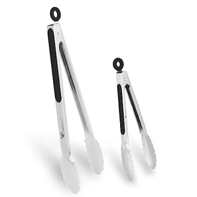 Imagen de WINPOST Juego de 2 pinzas cocina acero inoxidable a 21 cm y 34 cm, mango antideslizante resistente al calor, ideal para cocinar, ensalada, parrilla barbacoa (21 + negro)