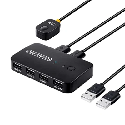 Imagen de USB Switch 4 Puertos para 2 PCs, Conmutador Entradas y Salidas, Compartir Dispositivos Teclado, Ratón, Impresoras, Escáneres con Cable Control Remoto