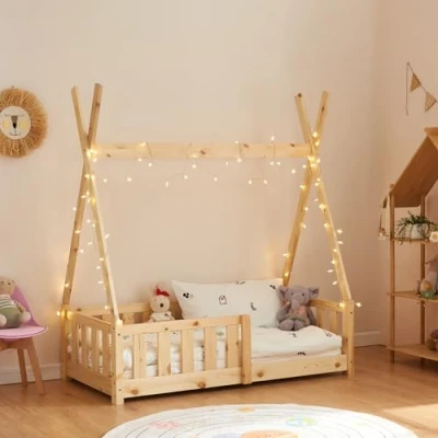 Imagen de [en.casa] Cama para Niños Pequeños Estructura Tipi Indio Montessori con Somier Infantil reja de Seguridad Carga máx. 80 kg Madera Pino 70 x 140 cm Natural