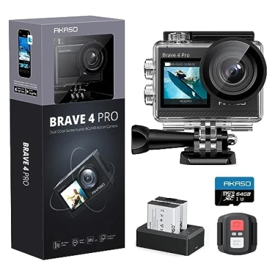 Imagen de AKASO Brave 4 Pro Cámara Deportiva 4K 20MP con Tarjeta de Memoria U3 64GB Acción Camara Acuatica Sumergible 40M Dual Pantalla EIS 5X Zoom 2*1350mAh Baterías Multi Accesorios