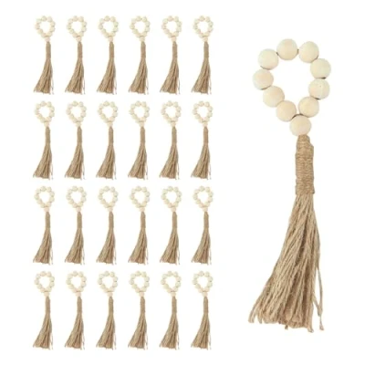 Imagen de 24 Piezas Servilleteros Individuales, Boho Servilletero con Cuentas de Madera, Hechos a Mano, para Navidad Almuerzo Acción Gracias Fiesta Vacaciones Boda Decoración Mesa