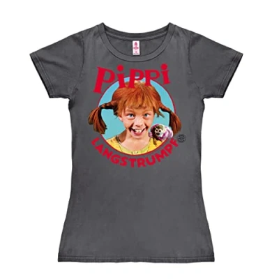 Imagen de Logoshirt® Pippi Calzaslargas Retrato I Camiseta Print Mujer Gris Oscuro Diseño Original con Licencia, Talla S