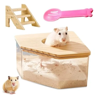 Imagen de Nizirioo baño de arena acrílica transparente para hámsters, caja con escalera y cubierta madera natural pala, jerbos (triángulo)