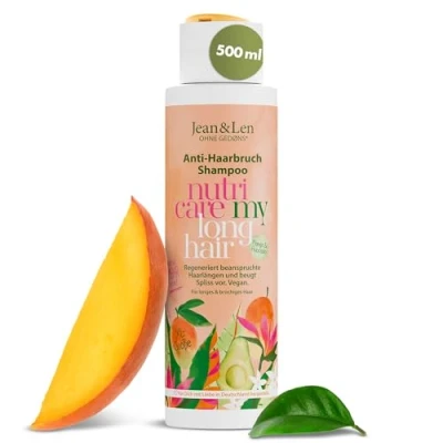 Imagen de Jean &amp; Len Champú Anti Ruptura Mango Aguacate, regenera la longitud del cabello dañado y previene las puntas abiertas, fragancia afrutada de mango, sin siliconas ni parabenos, vegano, 500 ml