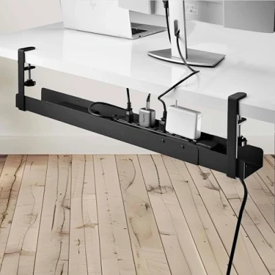 Imagen de StarTech.com Bandeja de gestión Cables para Debajo del Escritorio, Longitud Ajustable, instalación con Abrazadera, no Requiere taladrar, Color Negro