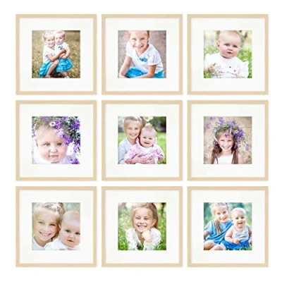 Imagen de PHOTOLINI marcos 30x30 cm madera MDF natural, set de 9 para pósteres con paspartú 20x20 cm, cristal acrílico, colgar y poner pie, incluye accesorios fotos, láminas