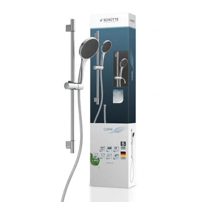 Imagen de Schütte Capri 64991 Barra de ducha y alcachofa con cabezal ajustable en 3 posiciones, juego columna ducha, manguera soporte, panel