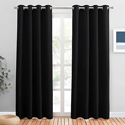 Imagen de PONY DANCE Cortinas Termicas Aislantes Frio y Calor Dormitorio Matrimonio Cortina Negra Opaca con Ojales Habitacion, 2 Piezas, 132x210 CM, Negro