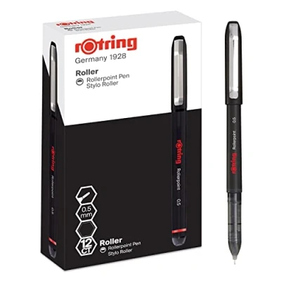 Imagen de rOtring bolígrafo rollerball, punta de aguja (0,5 mm) para una escritura precisa, tinta negra, 12 unidades