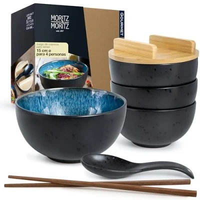 Imagen de Moritz &amp; Juego de 4 cuencos Cerámica Ramen azul reactivo con tapa y cuchara, color negro, para personas, sopa, pho sushi Bowl