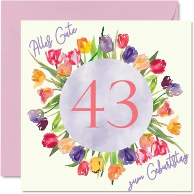Imagen de Tarjeta de cumpleaños número 43 para mujer, diseño flores tulipanes en acuarela, ramo flores, tarjetas felicitación años, esposa, hija, hermana, tía, 145 mm, cuarenta y tres