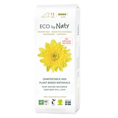 Imagen de Eco by Naty Compresas con Alas Super a base de plantas y absorbentes para mujeres, producto menstrual algodón orgánico, mejor la salud femenina (12 unidades)