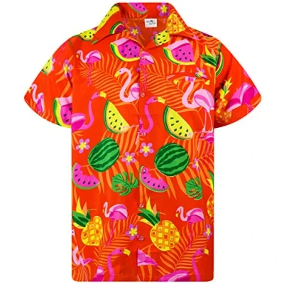 Imagen de King Kameha Funky Camisa Hawaiana, Manga Corta, Flamingo Melon, Naranja, XS