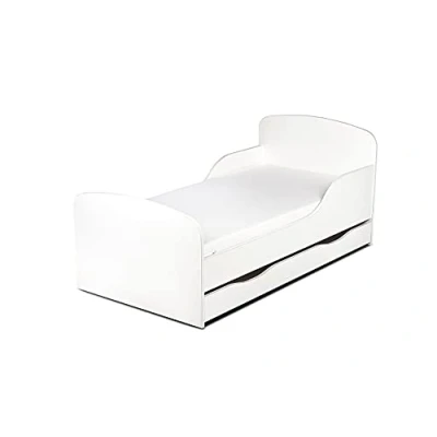 Imagen de Leomark Blanco Cama Infantil Completa de Madera Estilo Escandinavo Marco Cama, Colchón, Somier, cajón, Muebles para Niños, Moderno Dormitorio, Impresa Mobiliario, Espacio Dormir: 140/70 cm