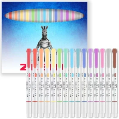 Imagen de Zebra Pen Mildliner Rotuladores de doble punta ancha y fina Paquete colores en caja regalo cartón Tinta sin ácidos no tóxica (paquete 15)