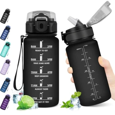Imagen de KollyKolla Botella Agua Deporte, Niño 500ML, con Pajita, Prueba de Fugas, Marcador Tiempo Motivación, Cantimplora para Niños, Adulto, Gimnasio, Bicicleta, Escuela, Oficina