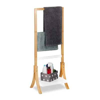 Imagen de relaxdays Toallero de Pie con Baldas y 3 Barras, Bambú DM, Marrón Blanco, 103 x 41 28 cm