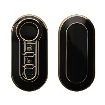 Imagen de kwmobile Carcasa para Mando Compatible con Fiat Lancia Llave de Coche Plegable 3 Botones Funda Llaves TPU Negro/Dorado