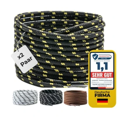 Imagen de LaceHype 2 pares de cordones redondos poliéster para zapatos trabajo, botas, exterior y zapatillas deportivas, resistentes al desgarro, negro amarillo, 150 cm Paar