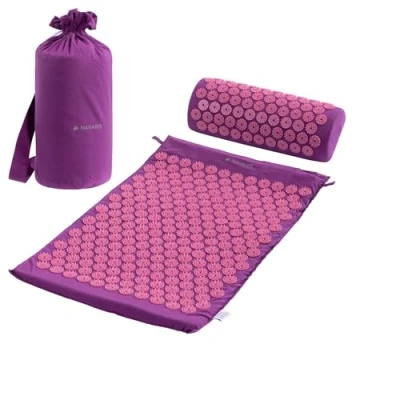 Imagen de Navaris Set de masaje acupresión Esterilla relajante acupuntura lavable 68 x 42 2 CM con almohada y funda transporte Morado rosa