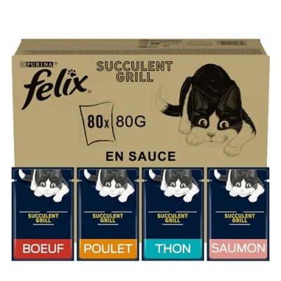 Imagen de Purina Felix Peleles rústicos para Gatos con Carne de Vaca, Pollo, salmón, atún, 80 Sobres g, 1 Unidad (Paquete 1)
