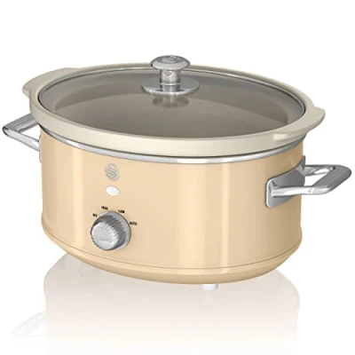 Imagen de Swan Retro SF17021CNEU Olla Cocción Lenta 3,5L Recipiente Extraíble, Antiadherente Cerámica libre PFOA y PTFE, 3 Niveles Temperatura, Tapa Vidrio, Slow Cooker, Diseño Vintage, Crema, 200W