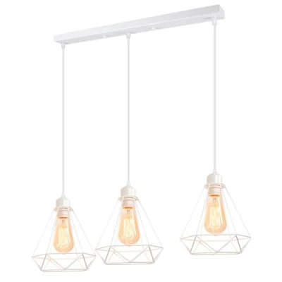 Imagen de iDEGU 3 Luces Lámpara Colgante Vintage, Lámparas de Techo Industrial Metal Iluminación E27 en Estilo Jaula Geométrica, Blanco, 20cm (3 Barra)