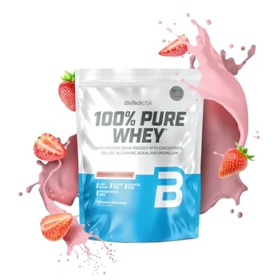 Imagen de BioTechUSA 100% Pure Whey Proteína en Polvo con BCAA y Glutamina Sin Gluten, Aceite de Palma, 1 kg, Fresa
