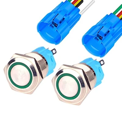 Imagen de Gebildet 2Piezas 16mm Momentáneo Pulsador de Botón Acero Inoxidable, Impermeable ON/Off 12V 24V 5A LED 1NO1NC SPDT con Enchufe Cable(LED Verde)