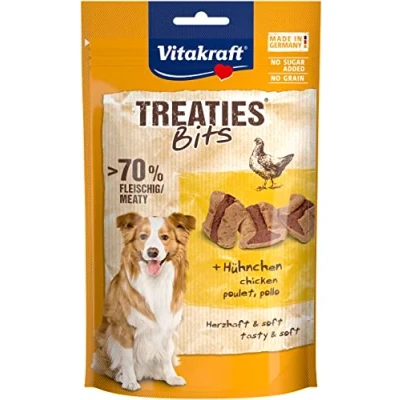 Imagen de Vitakraft Treaties bits, golosinas para Perros sin Cereales, con Pollo, Alto Porcentaje de Carne, Ideal como recompensa y Entrenamiento, azúcar añadido (6 x 120 g)