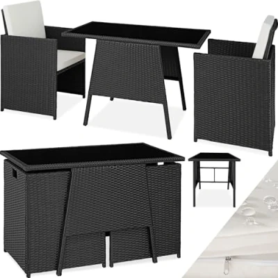 Imagen de TecTake® Conjunto Jardín Exterior de Ratán y Aluminio, Muebles Resistente a la Intemperie, 2 Sillas con Cojines, Mesa Cristal Florero, Apilable, Fundas Extraíbles Negro