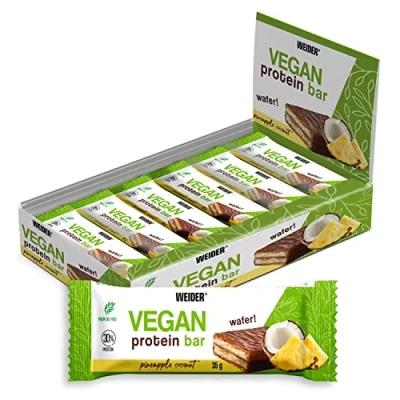 Imagen de Weider Vegan Protein Bar (12 x 35 g) Sabor Piña Coco, Barrita de Barquillo Crujiente con 30% Proteína Guisante y Arroz. 100% Vegano, Cobertura Chocolate Negro. Sin aceite palma