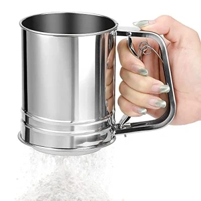 Imagen de Tamiz de harina 500 ML Colador Taza para Hornear y azúcar en polvo con Mango Acero Inoxidable Plata