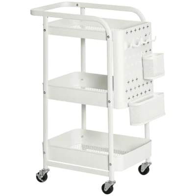 Imagen de HOMCOM Carrito de Cocina Acero con Ruedas Carro Almacenamiento 3 Niveles 4 Ganchos Asa 2 Cestas Colgantes y Frenos para Baño Salón Dormitorio 51,5x32x75,6 cm Blanco