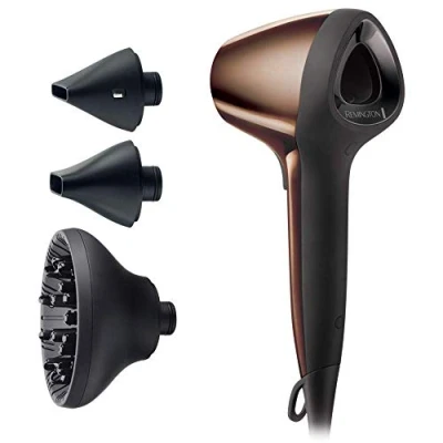 Imagen de Remington Secador de Pelo Air 3D, Flujo Aire Iónico, Cabello Sin Encrespamiento, 1800 W, 2 Concentradores, 1 Difusor, 3 Temperaturas, Velocidades, Gancho Para Colgar, Bronce, D7777