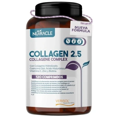 Imagen de Collágeno Hidrolizado Verisol® 2500 mg + Ácido Hialurónico Coenzima Q10 Suplemento para Piel, Cabello y Huesos con Biotina, Zinc Vitamina C 120 comprimidos, Nutracle