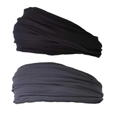Imagen de CHARM Hombre Elástico Bandana Cinta para El Pelo Venda Japonés Largo Cabello Rastas Cabeza Envolver Negro, Oscuro Gris Paquete de 2