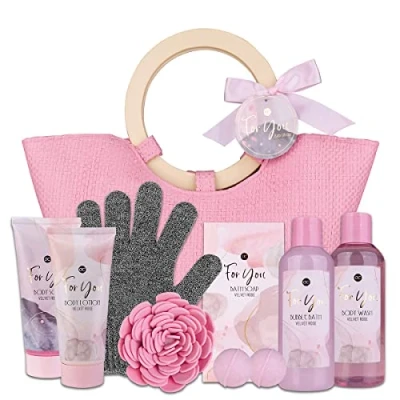Imagen de accentra set de regalo ROSE in bag baño con gel ducha, burbujas, loción corporal, peeling, esponja, guante peeling y mucho más en bolso señora, para mujer