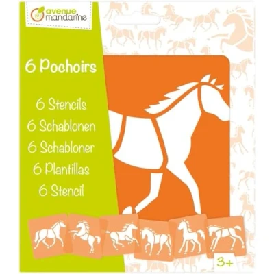 Imagen de Clairefontaine ES Avenue Mandarine 42644O juego de 6 plantillas, 15 x cm, adecuado para niños a partir 3 años, rotuladores y colores, colores o bombas color, caballos, 1