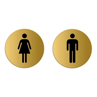 Imagen de Placas de puerta Aseos Mujeres + Hombres Ø 75 mm Conjunto 2 Aluminio anodizado en oro mate autoadhesivo No.39001 M