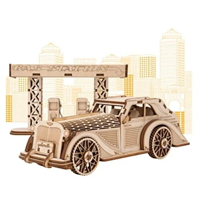 Imagen de qollorette 3D Madera Puzzles DIY Rompecabezas Puzzle Wooden Jigsaw Hombre Niños Niña Cars Juguetes maquetas para Montar Coche y Gasolinera Retro Kit